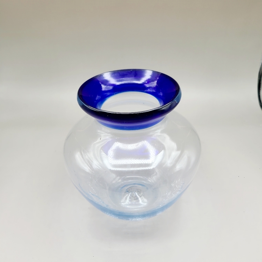 Clear Glass Vase with Cobalt Blue Rim & Handblown Crackled Bottom - Picture 2 of 6